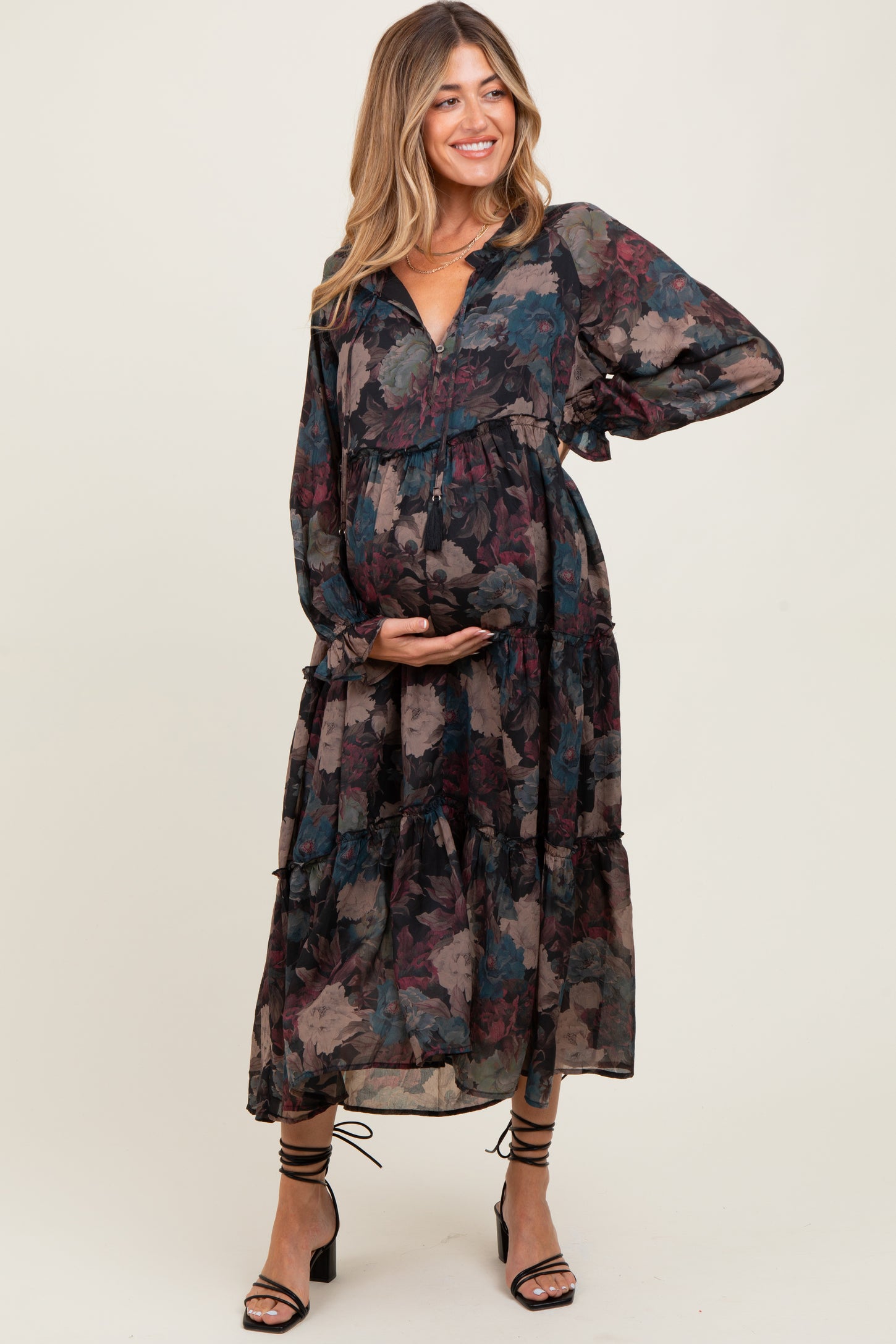 Black Floral Chiffon Ruffle Tiered Maternity Midi Dress – PinkBlush