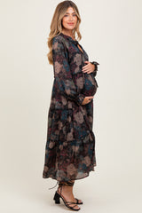 Black Floral Chiffon Ruffle Tiered Maternity Midi Dress