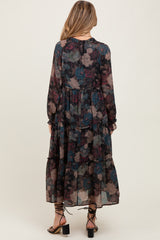 Black Floral Chiffon Ruffle Tiered Maternity Midi Dress