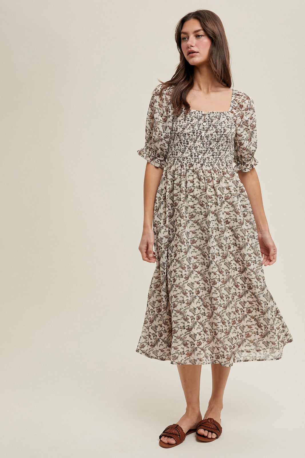 Cream Floral Smocked Puff Sleeve Midi Dress
