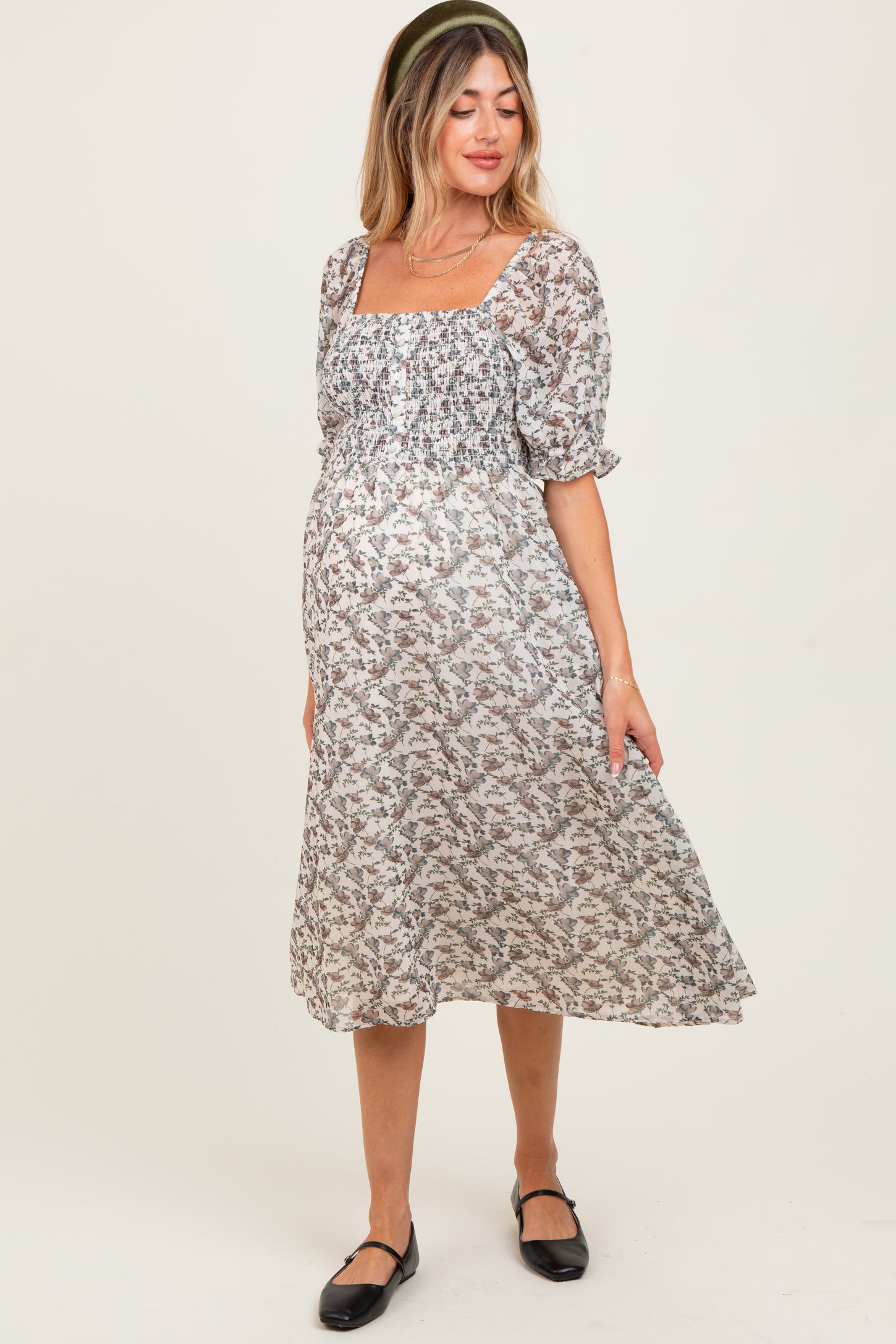 Cream Floral Smocked Puff Sleeve Maternity Midi Dress