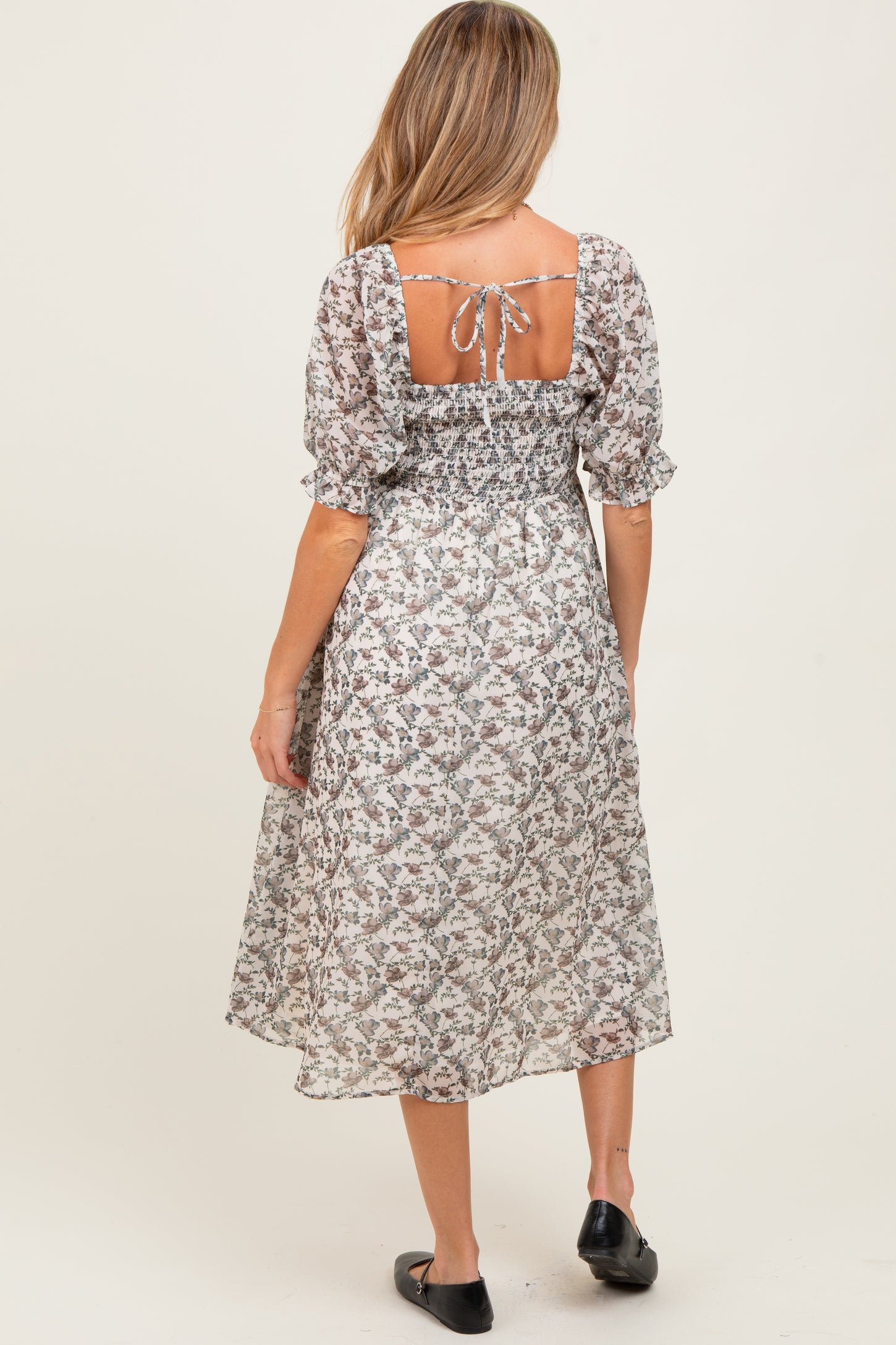 Cream Floral Smocked Puff Sleeve Maternity Midi Dress