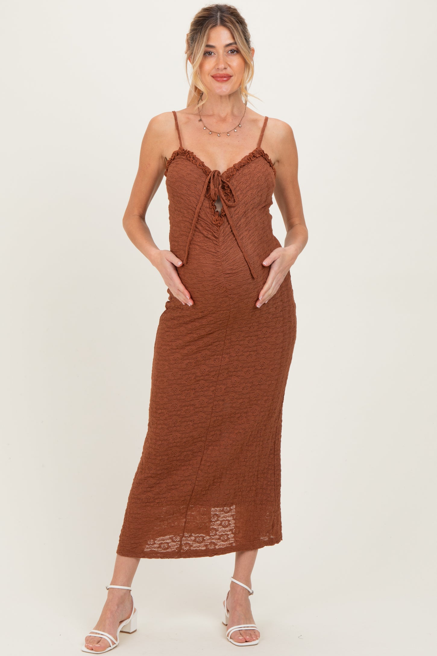 Brown Lace Cutout Tie Front Maternity Maxi Dress