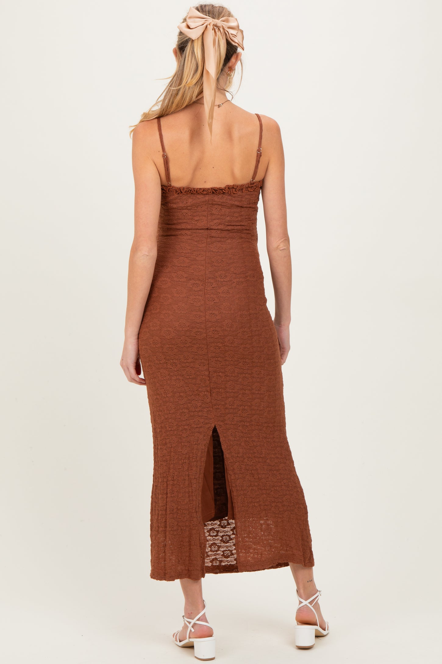 Brown Lace Cutout Tie Front Maternity Maxi Dress