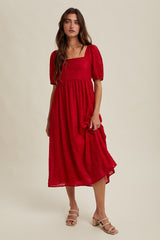 Red Swiss Dot Puff Sleeve Maternity Midi Dress