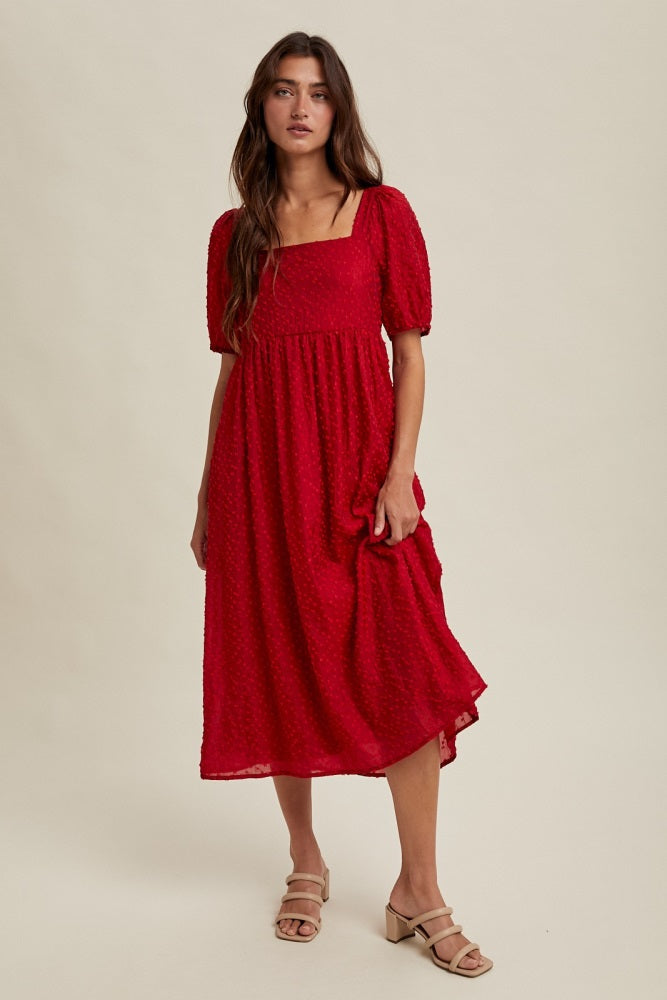 Red Swiss Dot Puff Sleeve Midi Dress