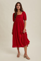 Red Swiss Dot Puff Sleeve Midi Dress