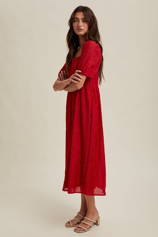 Red Swiss Dot Puff Sleeve Midi Dress