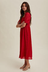 Red Swiss Dot Puff Sleeve Midi Dress