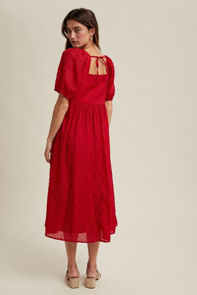 Red Swiss Dot Puff Sleeve Midi Dress