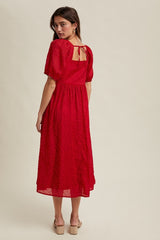 Red Swiss Dot Puff Sleeve Midi Dress