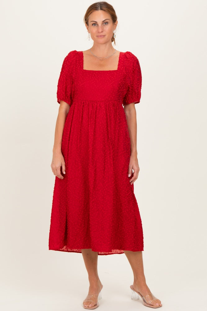 Red Swiss Dot Puff Sleeve Midi Dress
