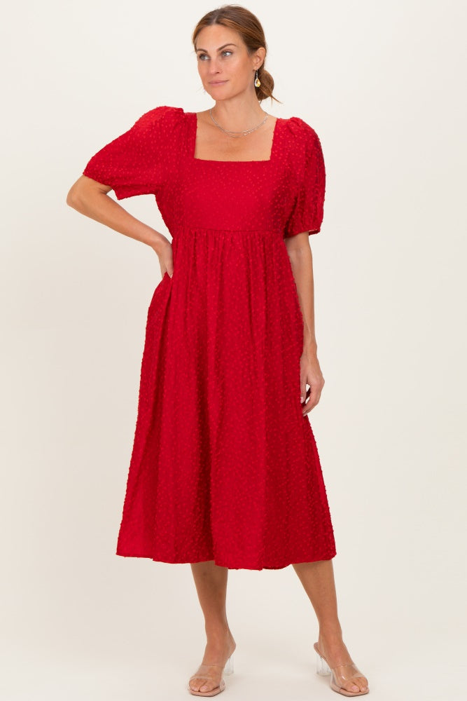 Red Swiss Dot Puff Sleeve Midi Dress