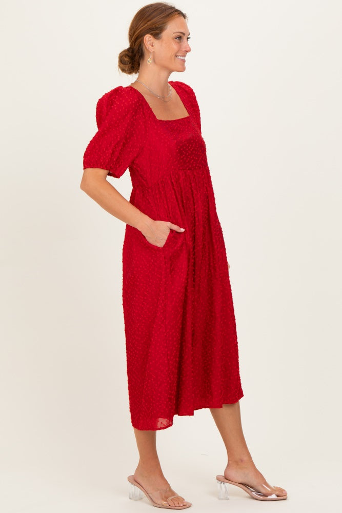 Red Swiss Dot Puff Sleeve Midi Dress