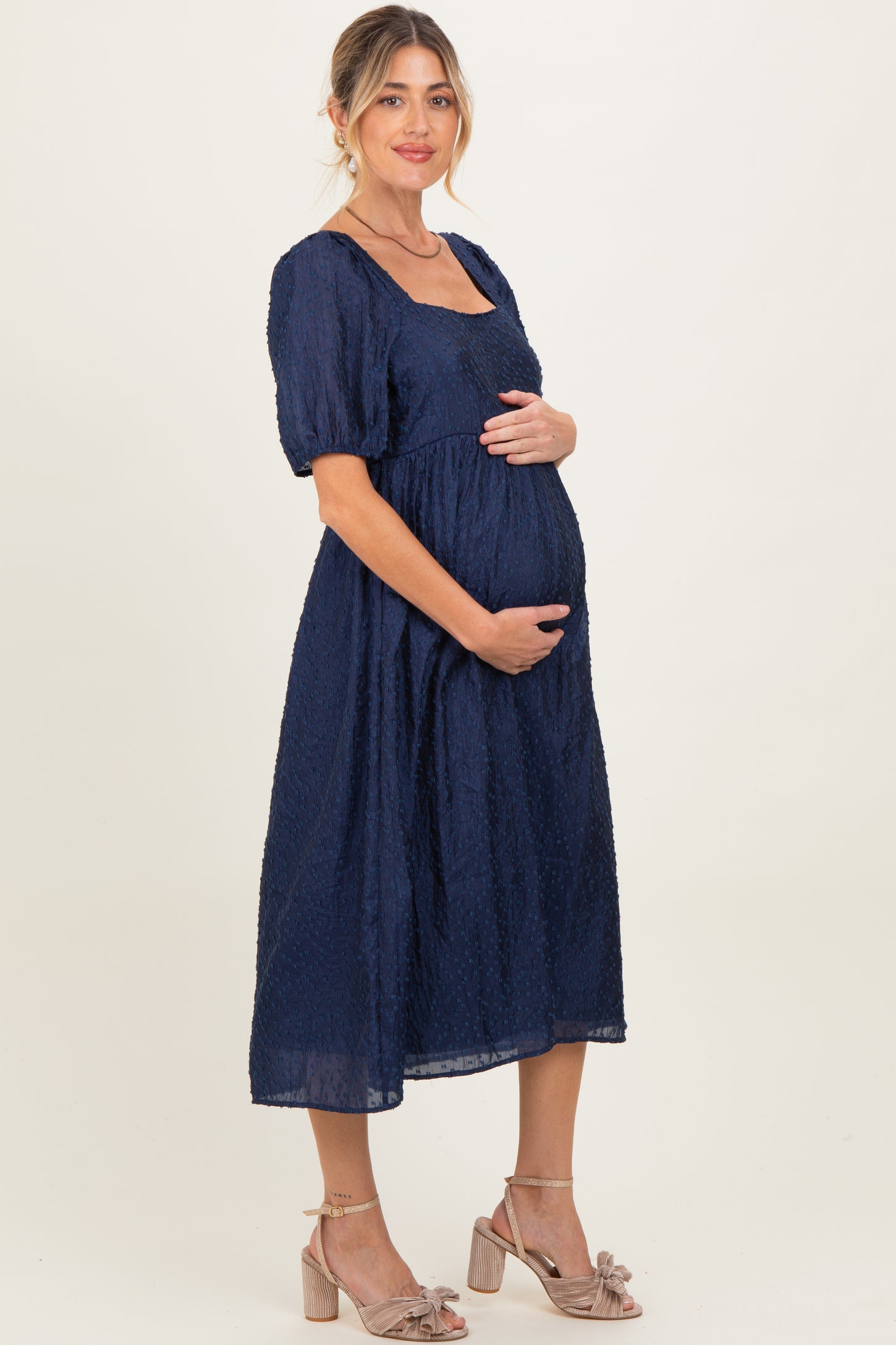 Navy Swiss Dot Puff Sleeve Maternity Midi Dress