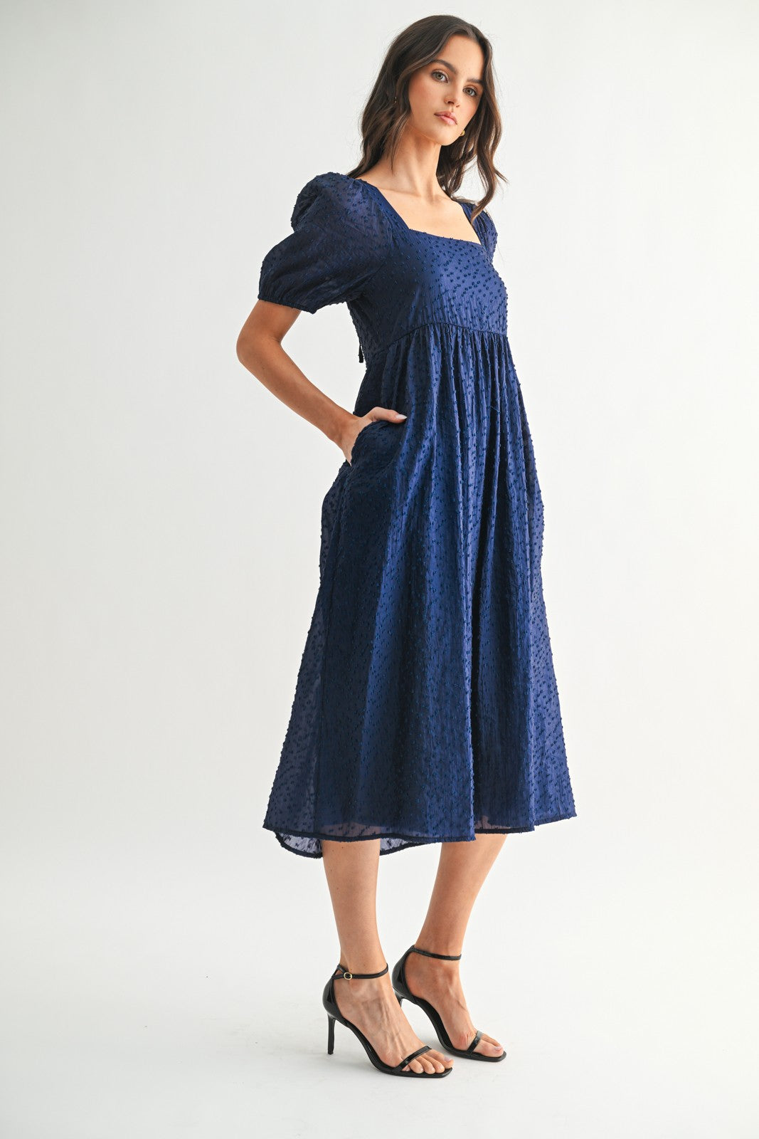 Navy Swiss Dot Puff Sleeve Midi Dress