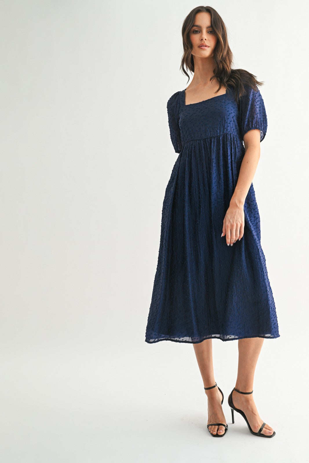 Navy Swiss Dot Puff Sleeve Midi Dress