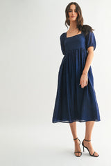 Navy Swiss Dot Puff Sleeve Midi Dress