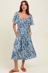 Light Navy Leaf Print Maternity Midi Dress