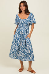Light Navy Leaf Print Maternity Midi Dress