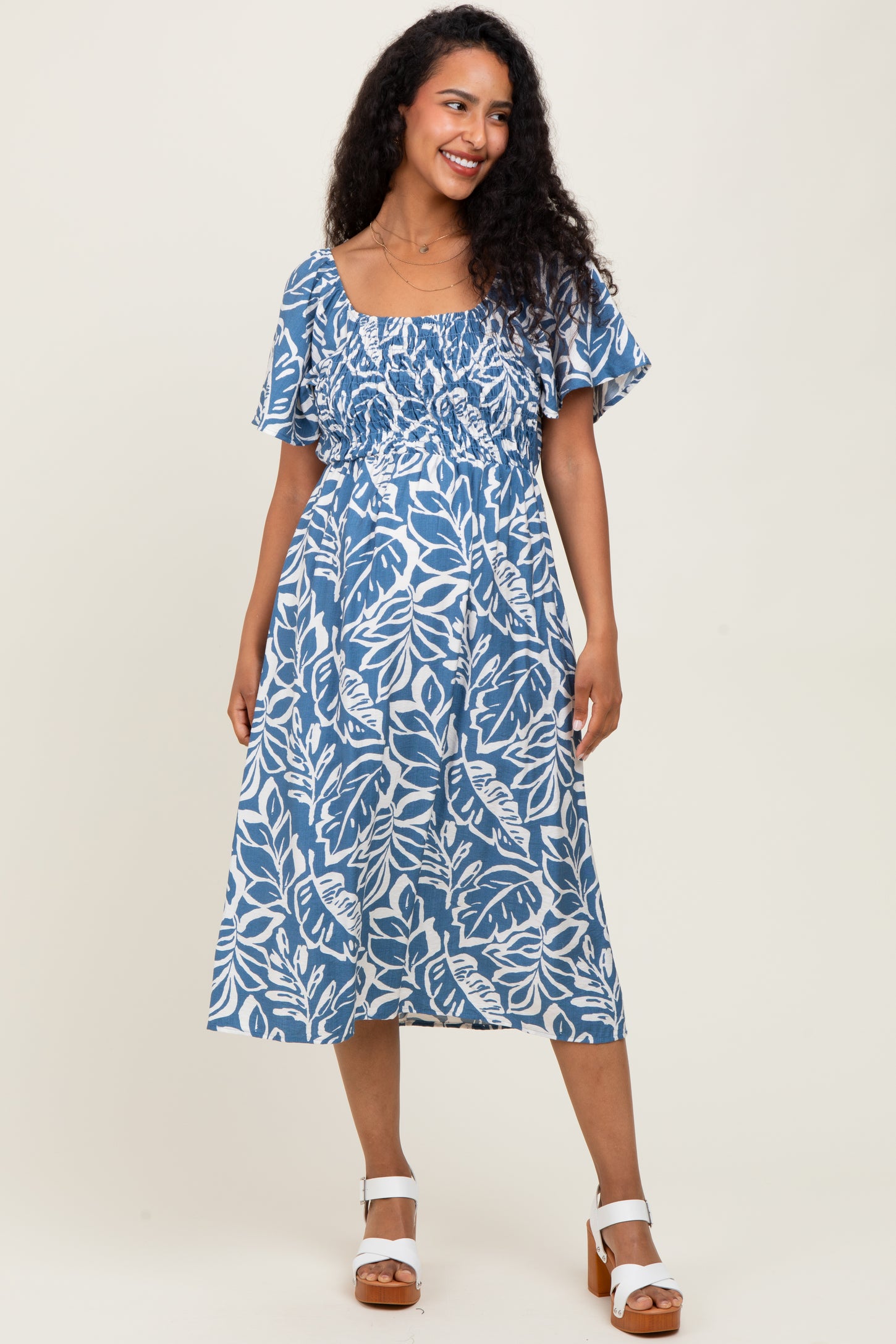 Light Navy Leaf Print Smocked Maternity Midi Dress