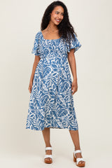 Light Navy Leaf Print Smocked Maternity Midi Dress