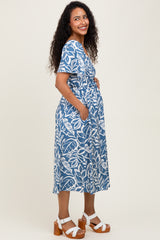 Light Navy Leaf Print Smocked Maternity Midi Dress