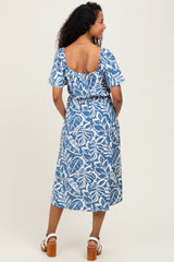 Light Navy Leaf Print Smocked Maternity Midi Dress