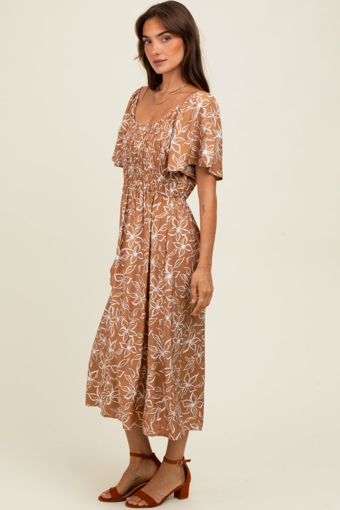 Mocha Floral Print Maternity Midi Dress