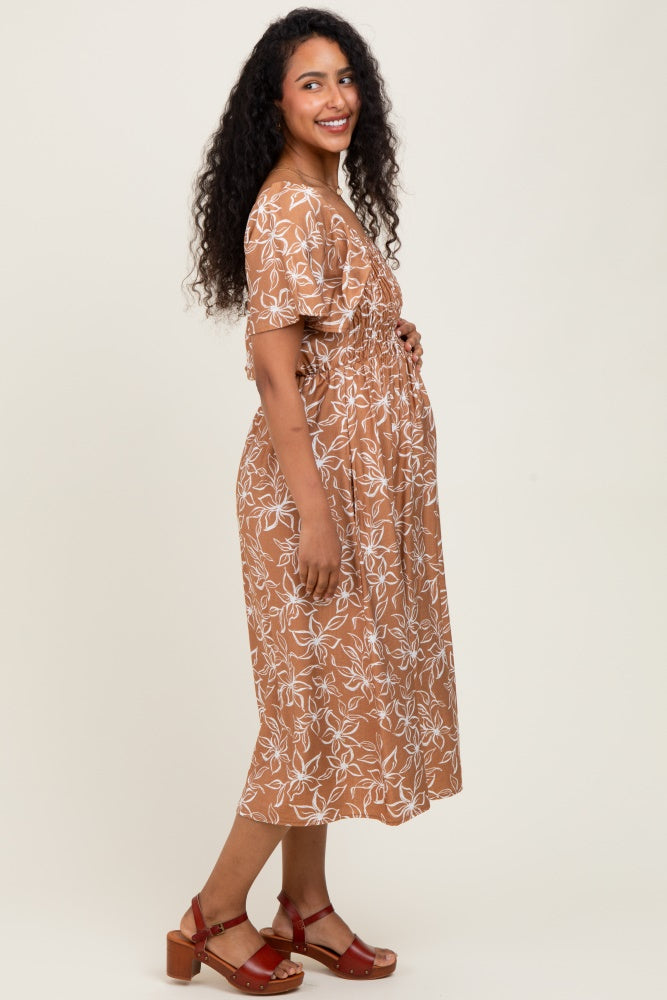 Mocha Floral Print Smocked Maternity Midi Dress