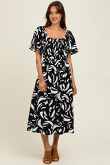 Black Printed Smocked Midi Dress