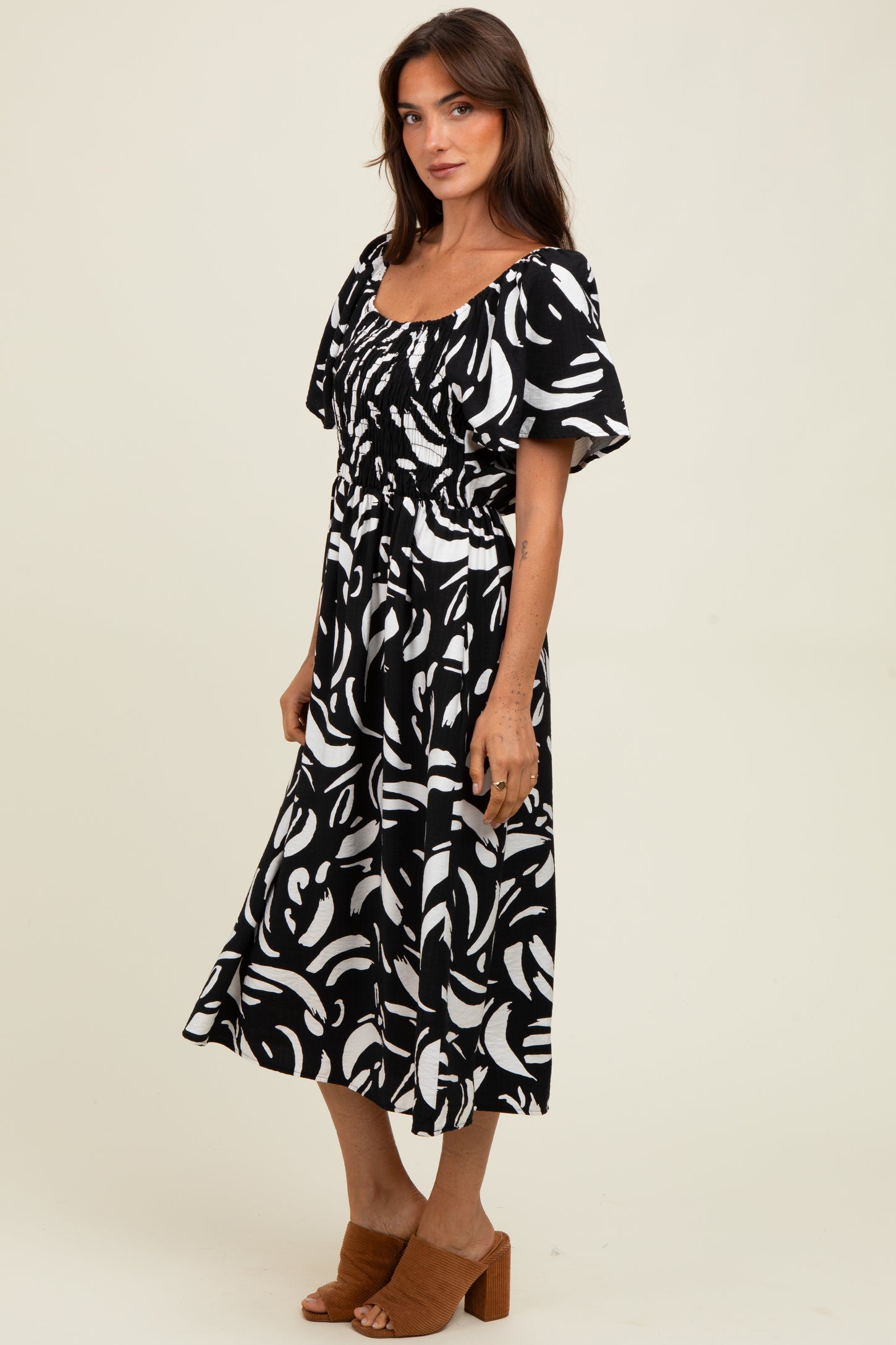 Black Printed Smocked Midi Dress