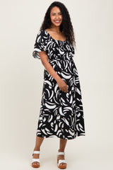 Black Printed Smocked Maternity Midi Dress