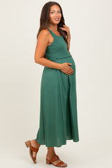 Green Smocked Sleeveless Button Down Maternity Midi Dress