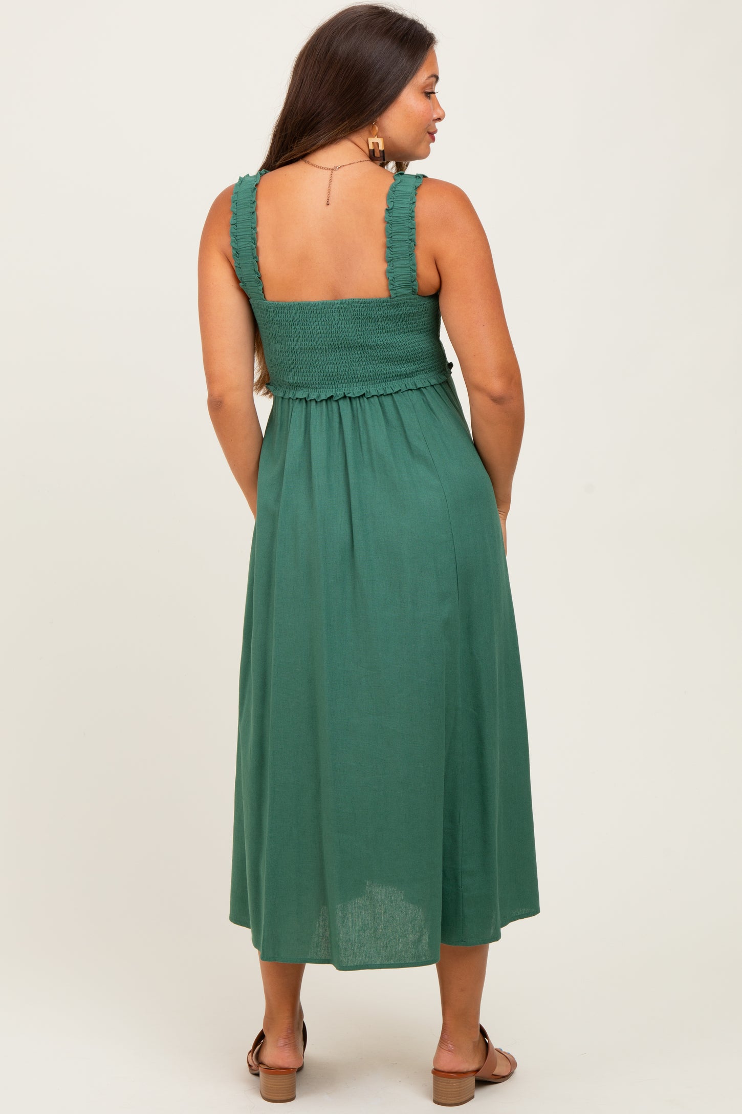 Green Smocked Sleeveless Button Down Maternity Midi Dress