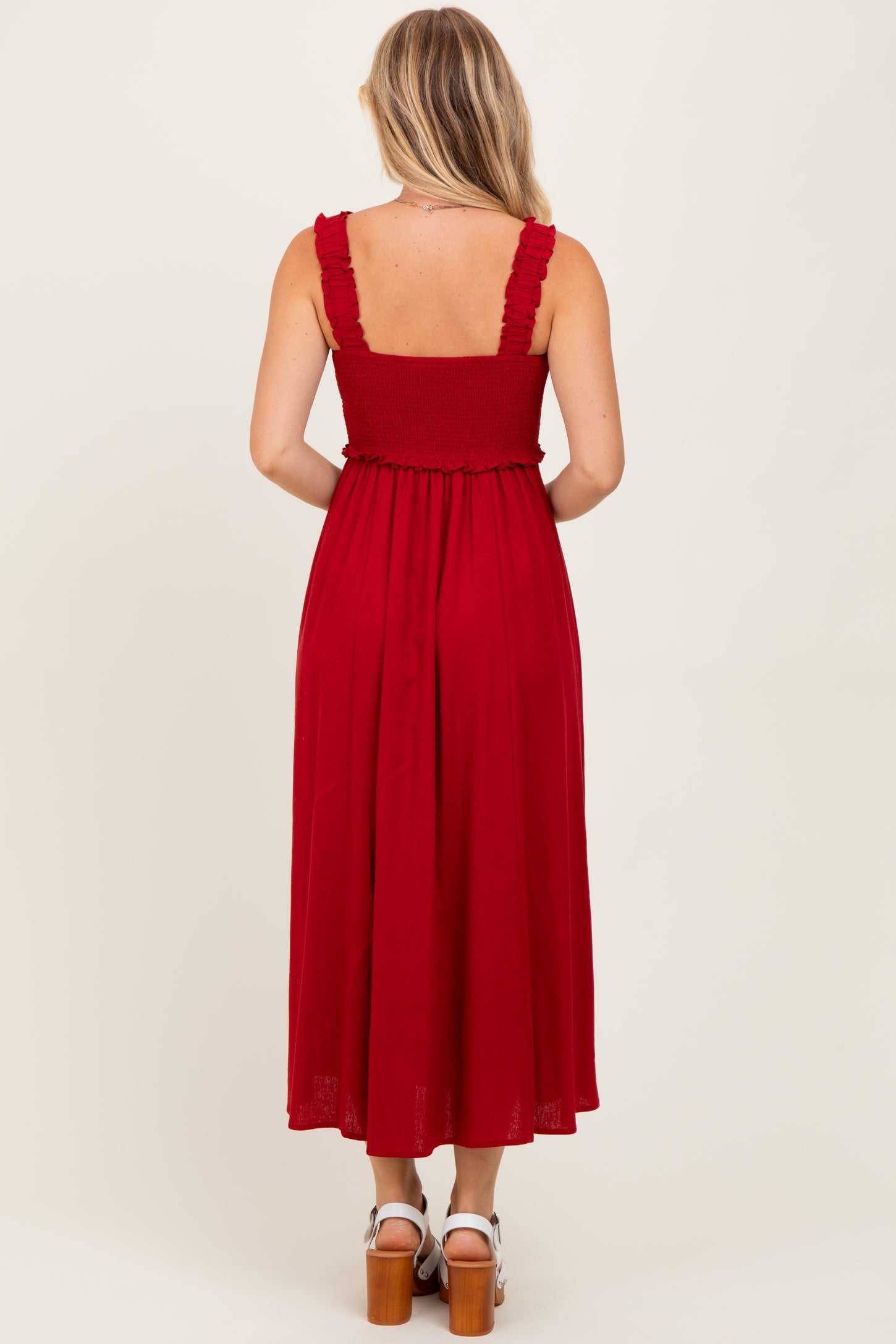 Burgundy Smocked Sleeveless Button Down Midi Dress