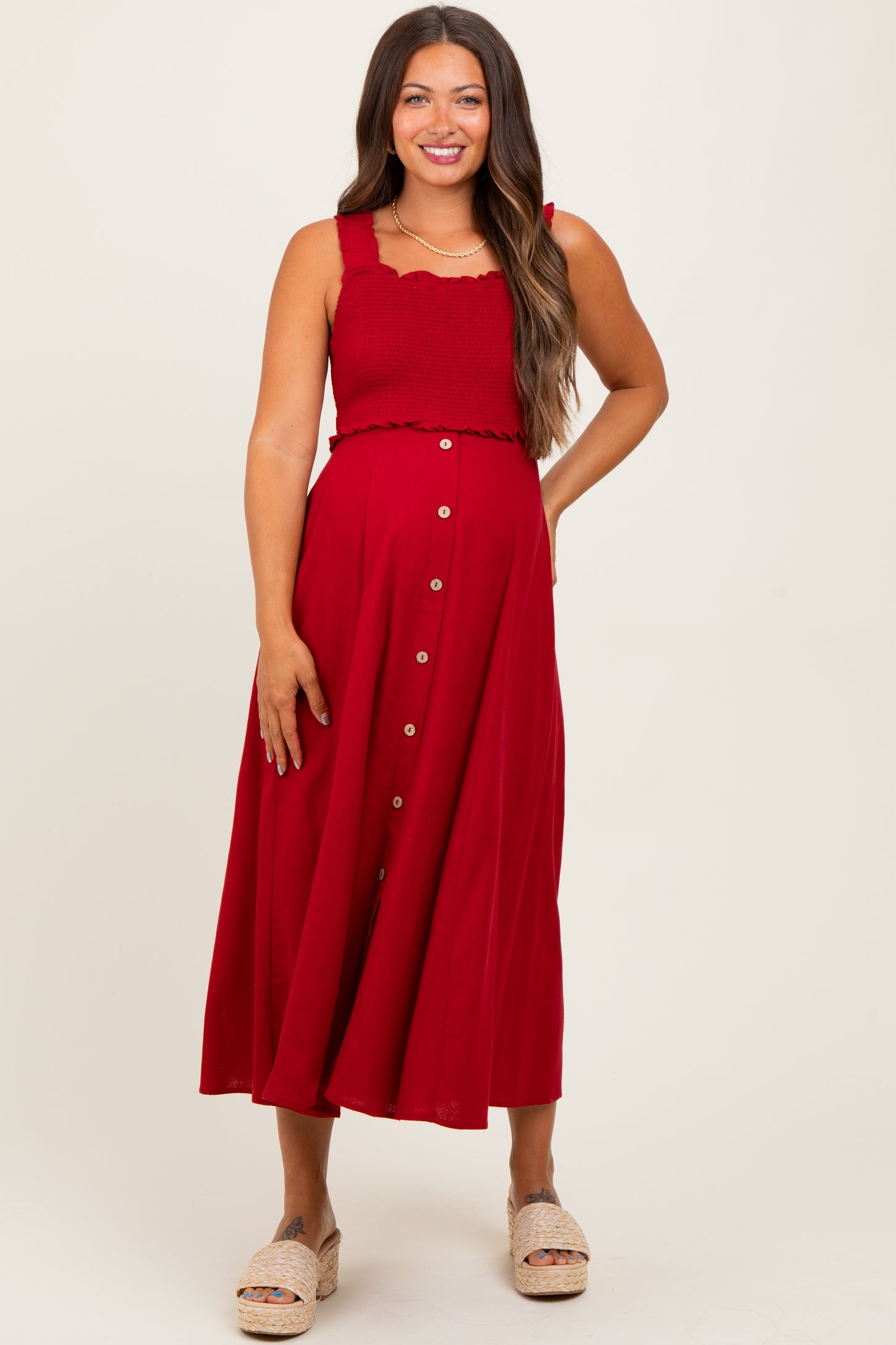 Burgundy Smocked Sleeveless Button Down Maternity Midi Dress