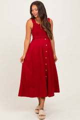 Burgundy Smocked Sleeveless Button Down Maternity Midi Dress