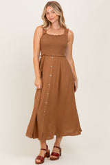 Camel Smocked Sleeveless Button Down Midi Dress