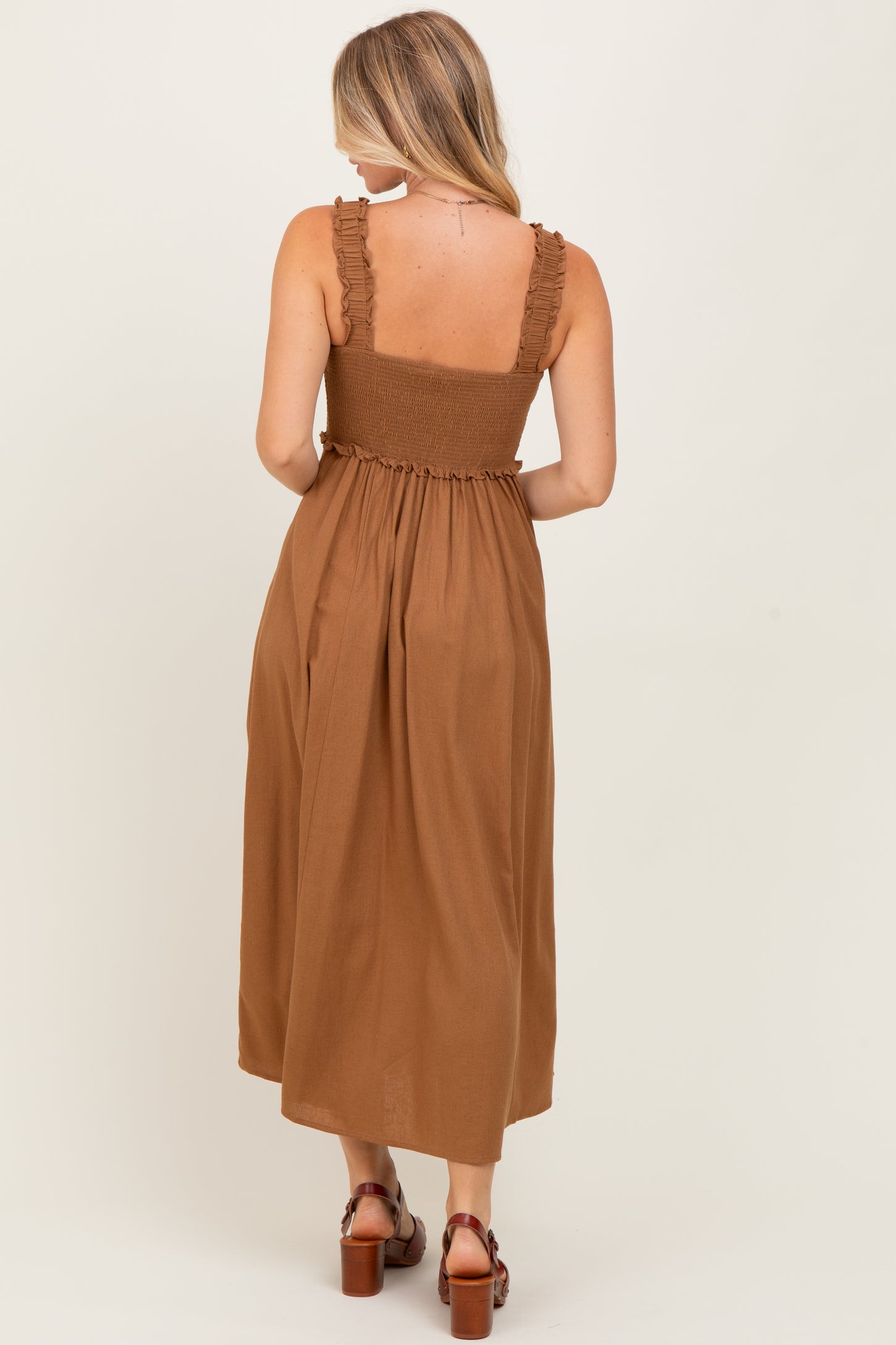 Camel Smocked Sleeveless Button Down Midi Dress