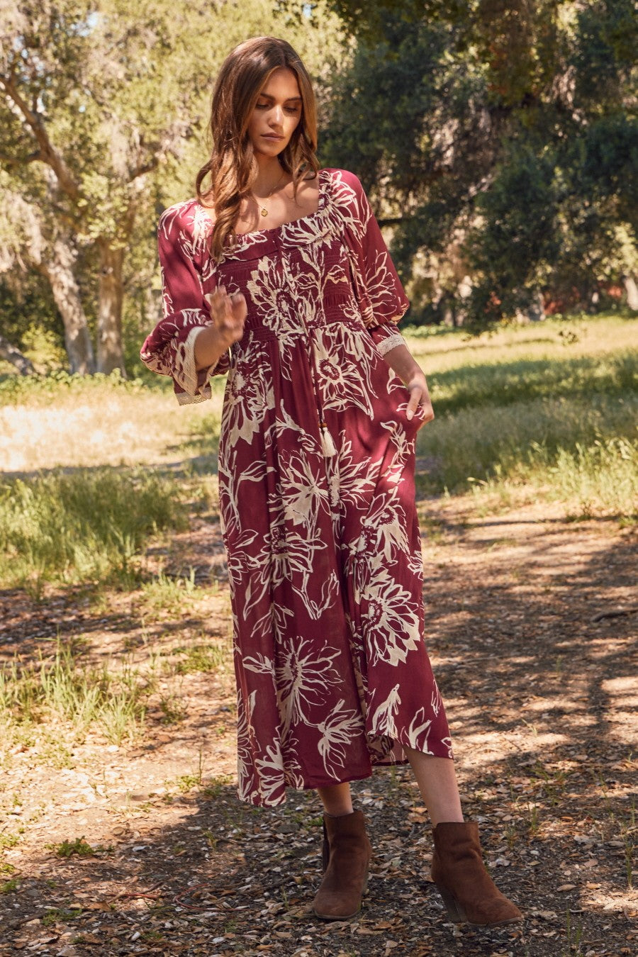 Burgundy Floral Smocked 3/4 Sleeve Maternity Midi Dress PinkBlush Burgundy Floral Smocked 3/4 Sleeve Maternity Midi Dress PinkBlush