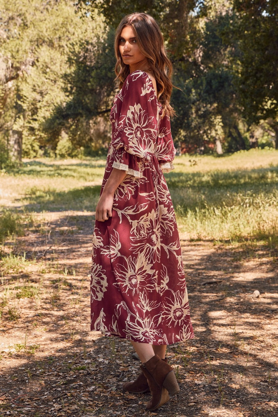Burgundy Floral Smocked 3/4 Sleeve Midi Dress