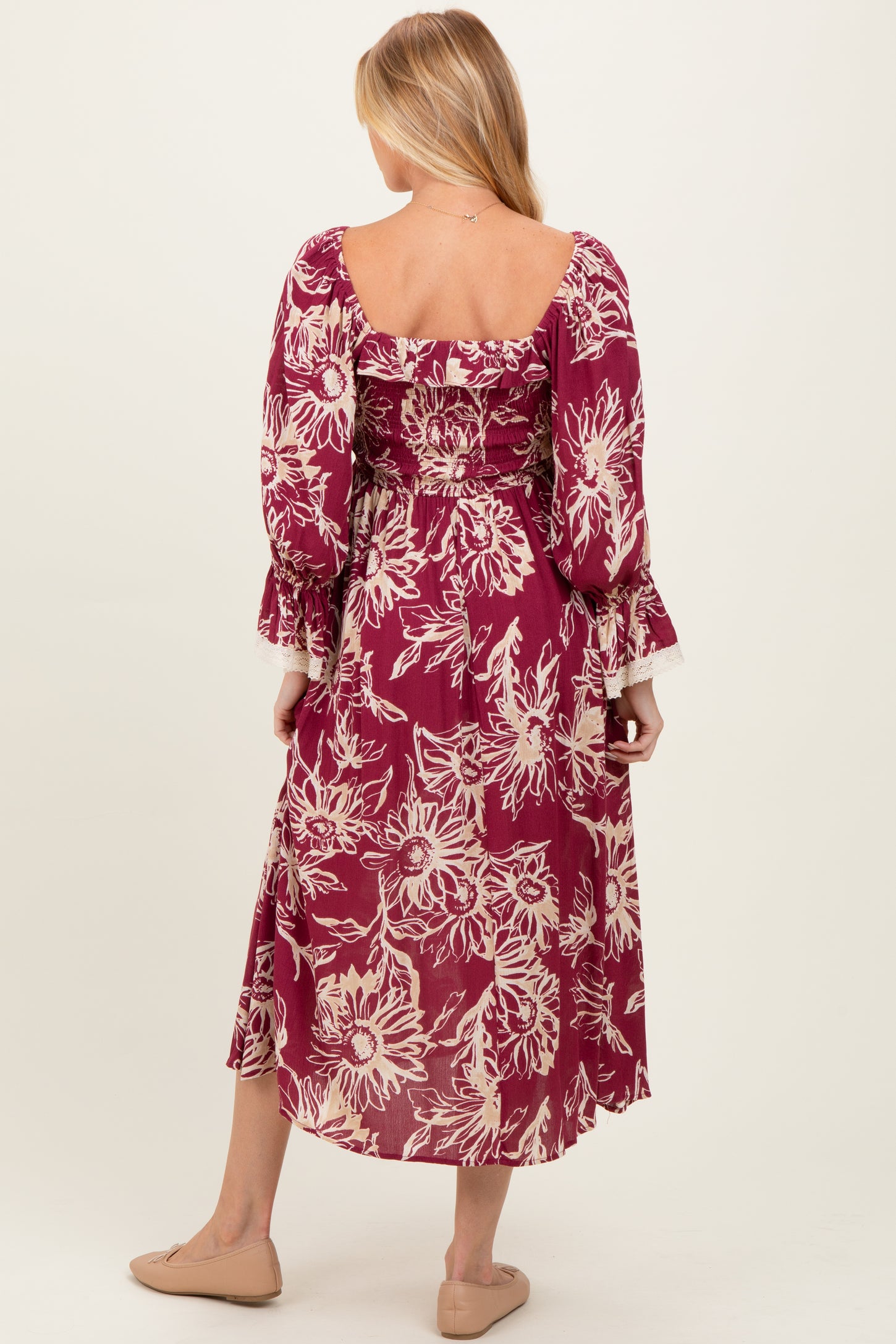 Burgundy Floral Smocked 3/4 Sleeve Maternity Midi Dress