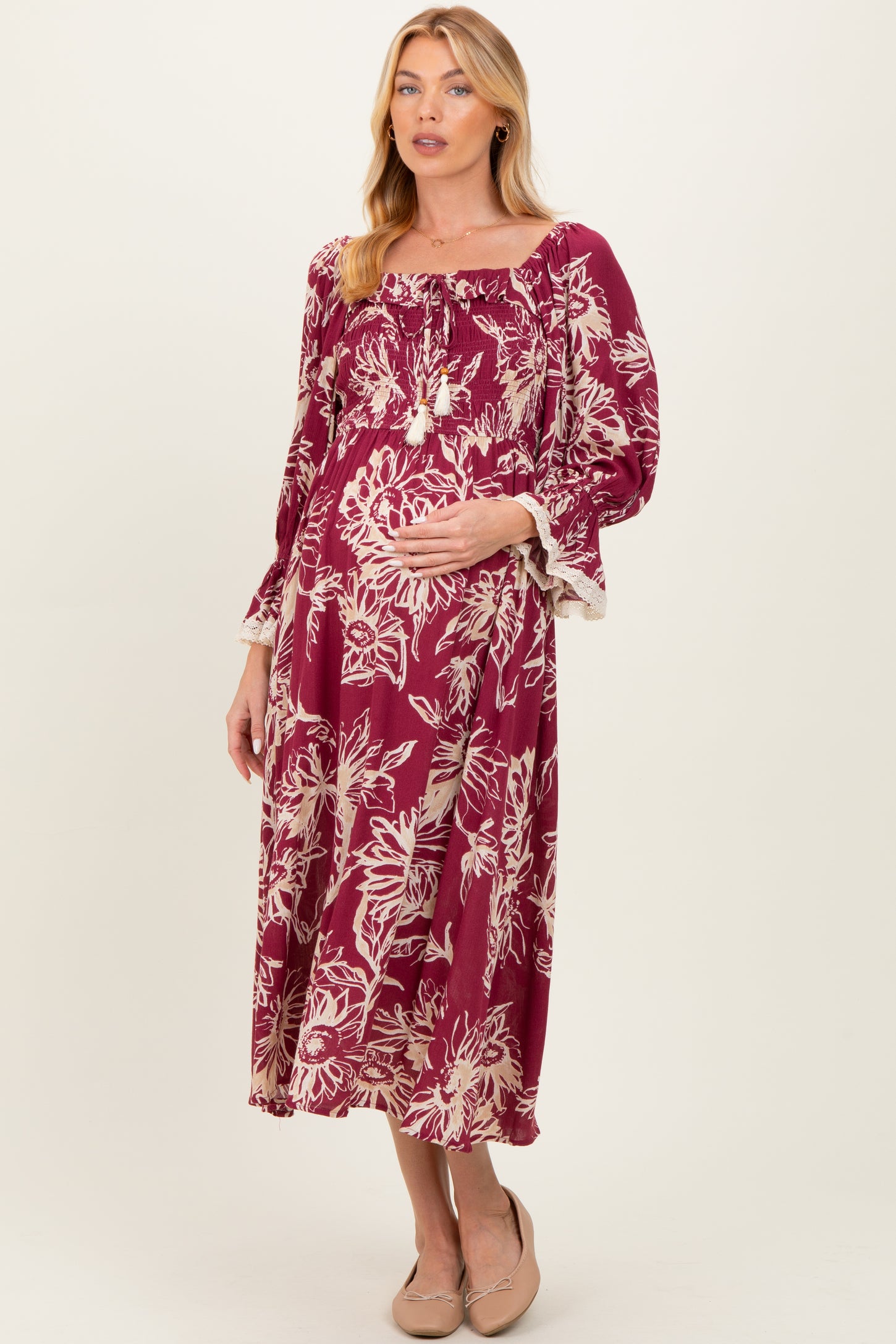 Burgundy Floral Smocked 3/4 Sleeve Maternity Midi Dress