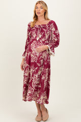 Burgundy Floral Smocked 3/4 Sleeve Maternity Midi Dress