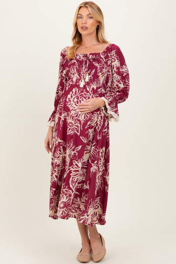 Burgundy Floral Smocked 3/4 Sleeve Maternity Midi Dress