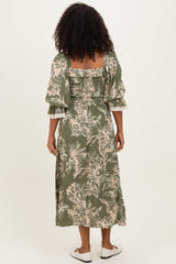 Olive Floral Smocked 3/4 Sleeve Midi Dress