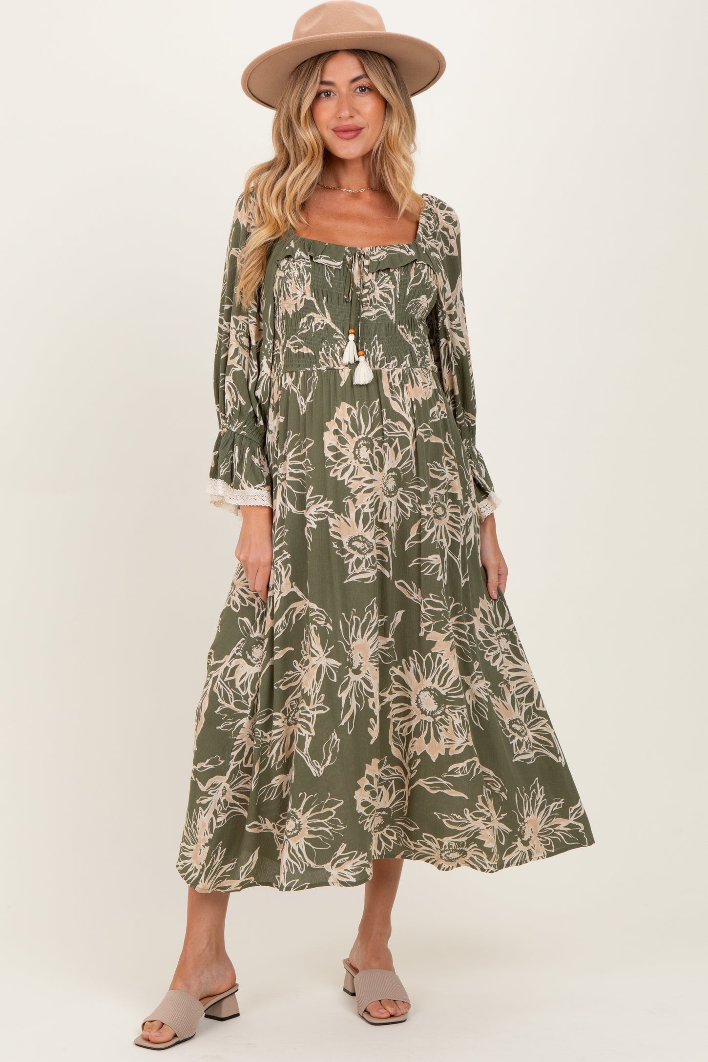 Olive Floral Smocked 3/4 Sleeve Maternity Midi Dress