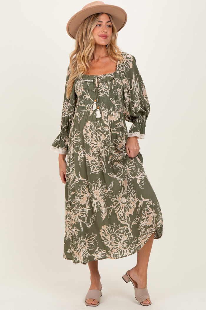 Olive Floral Smocked 3/4 Sleeve Maternity Midi Dress