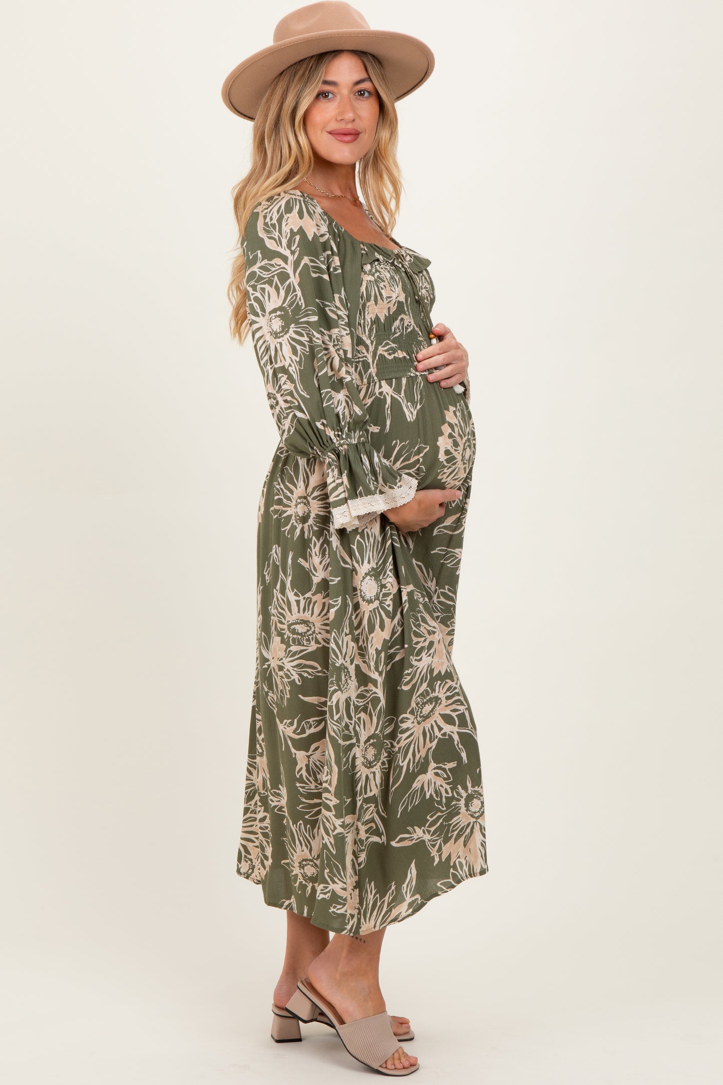 Olive Floral Smocked 3/4 Sleeve Maternity Midi Dress